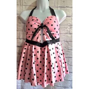Retro Stage Pink 1950s Halter Polka Dots One Piece Swimsuit L NIB